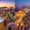 Visitors enjoying colorful flowers at Miracle Garden and the bright lights of Global Village in Dubai on a Miracle Garden and Global Village Dubai tour