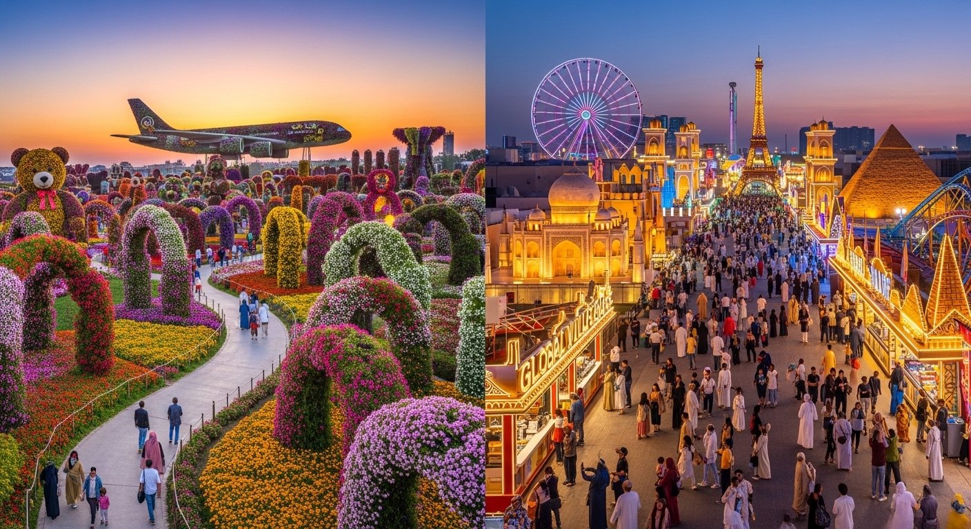 Visitors enjoying colorful flowers at Miracle Garden and the bright lights of Global Village in Dubai on a Miracle Garden and Global Village Dubai tour