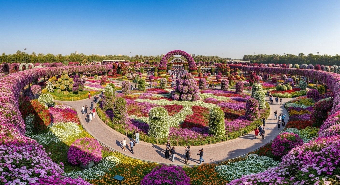 "A panoramic view of Dubai Miracle Garden during a miracle garden dubai half day tour, showing colorful flower arches, tunnels, and visitors walking along pathways.