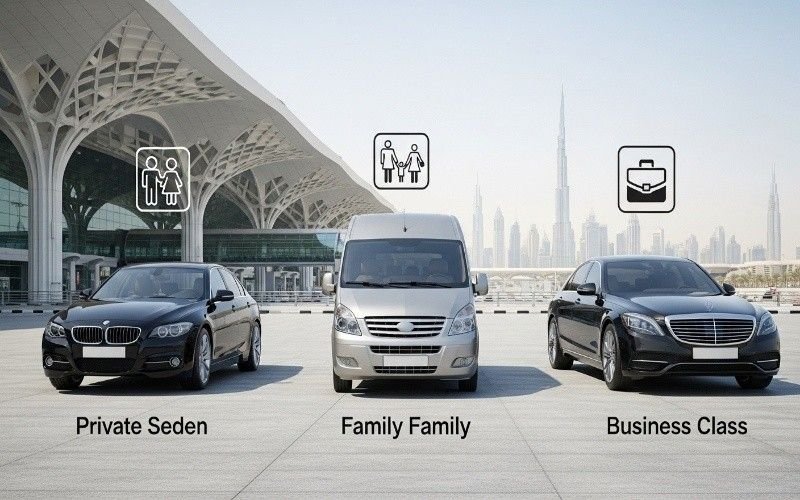 Dubai airport transfer service showing Dubai airport pickup and drop off service, family airport transfer Dubai, and business class airport transfer Dubai with private cars at airport.
