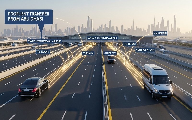 Travel map style image showing airport transfer Abu Dhabi routes from Zayed International Airport to Dubai, Yas Island, Corniche, Saadiyat Island, and Khalifa City with glowing route lines and transport vehicles.