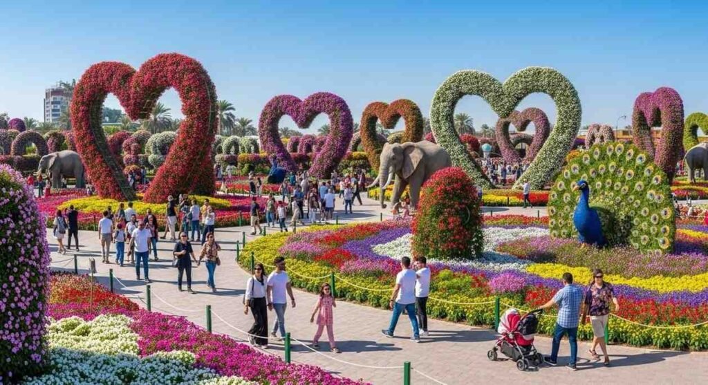 Families visiting Dubai Miracle Garden using Dubai Miracle Garden entry fee residents enjoying heart shaped flower displays, walking paths, and garden events in a bright sunny atmosphere