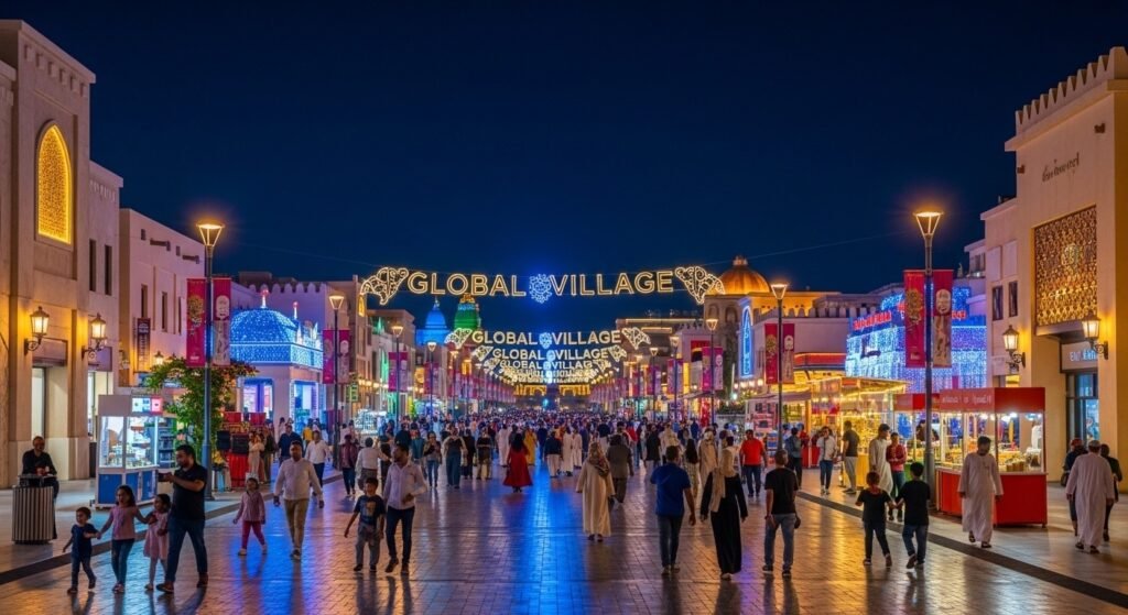 Crowded night view of Global Village Dubai with colorful lights, shops, and families walking during a miracle garden dubai half day tour