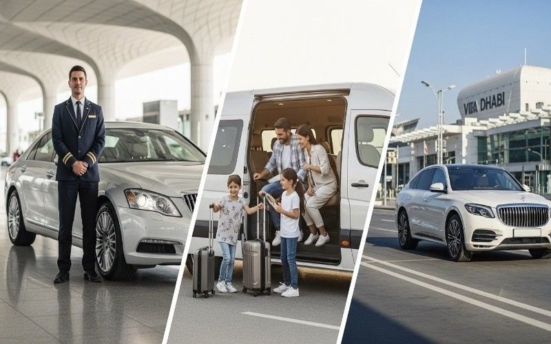 Collage-style airport scene showing airport transfer Abu Dhabi services including luxury chauffeur sedan, family van transfer, and VIP SUV pickup at Abu Dhabi Airport.