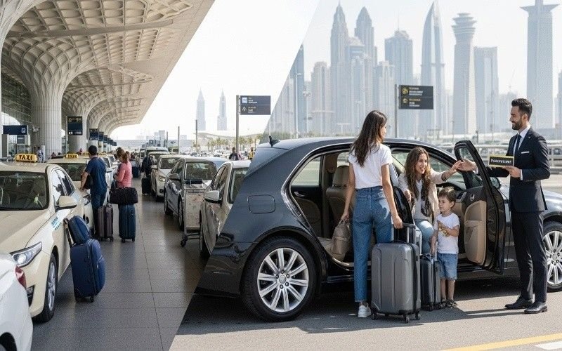 Dubai airport taxi vs private transfer showing taxi queue on left and luxury chauffeur car with happy family on right, fixed price airport transfer Dubai and Dubai airport chauffeur service.