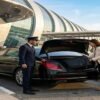 Dubai airport transfer price comparison infographic showing taxi, Uber, metro, private car, and business class chauffeur with AED price tags in a clean modern layout