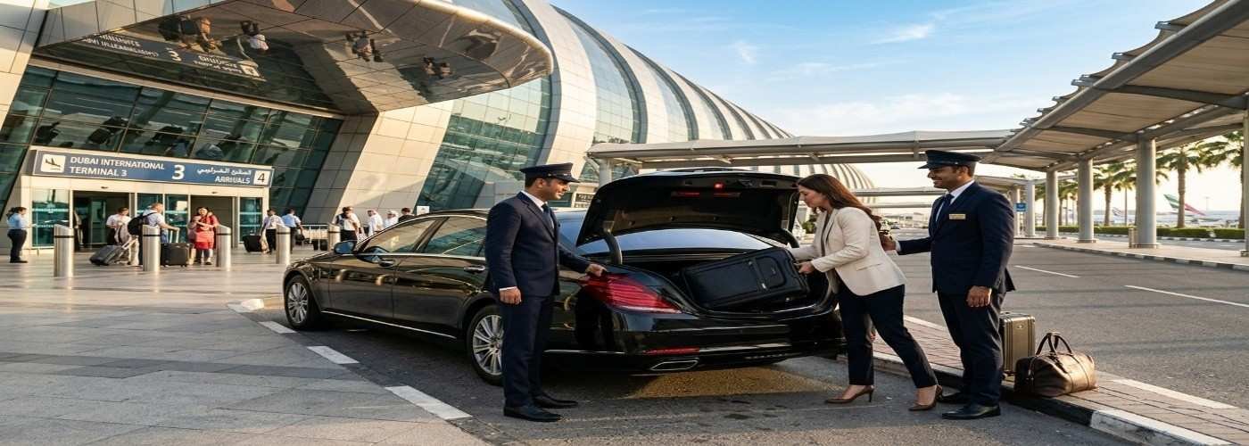 Dubai airport transfer price comparison infographic showing taxi, Uber, metro, private car, and business class chauffeur with AED price tags in a clean modern layout