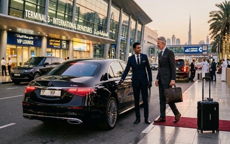 Luxury Dubai airport transfer scene showing a business class chauffeur opening the door of a black premium car for a VIP traveler at the airport